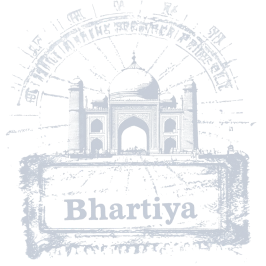 Faded stamp illustration of an Indian monument with the word 'Bhartiya', evoking an Indian heritage feel.